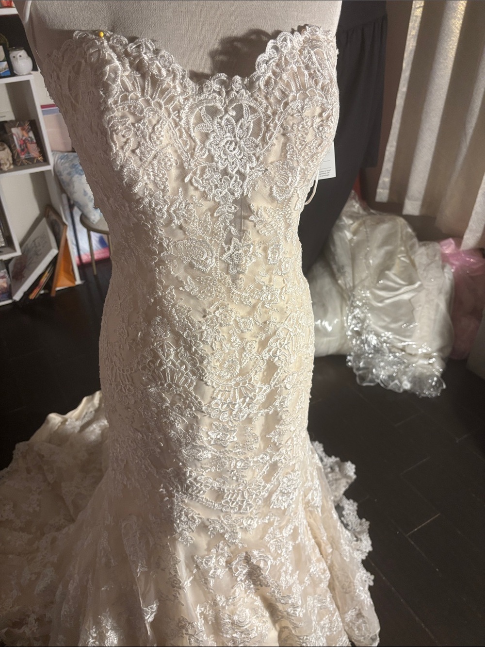 David's Bridal Strapless Lace Mermaid Wedding Gown in Ivory and Cream